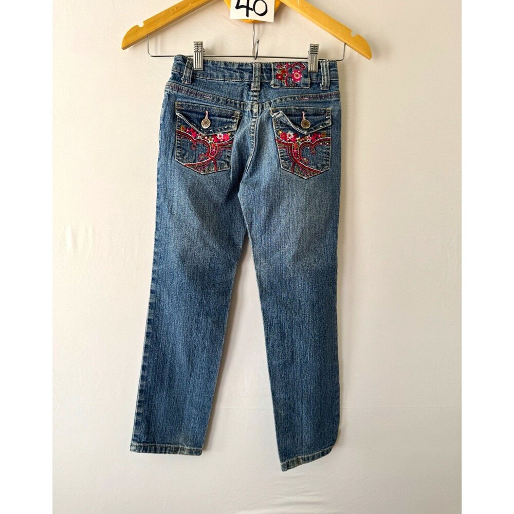 Miss Me Girls Jeans 6 Slim Straight Blue Medium Wash Floral Embroidered